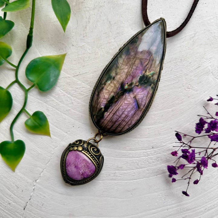Large Labradorite and Stichtite Pendant Necklace, Statement Gemstone Jewelry FairyGardenGlow