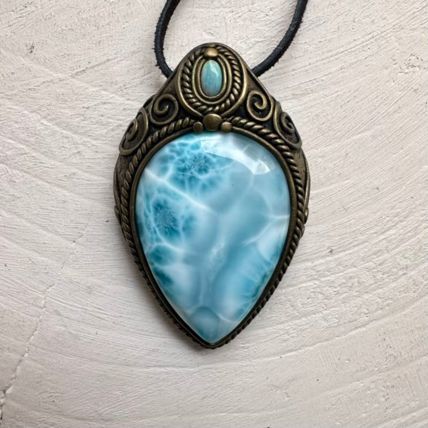 Large Larimar and Australian Opal Crystal Necklace, Unique Gemstone Pendant FairyGardenGlow