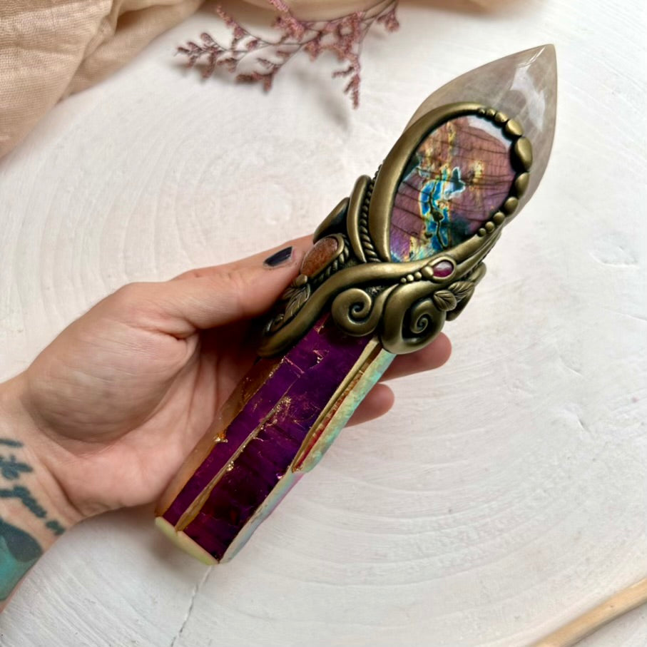 Unique handcrafted energy wand with Sunset Aura Quartz and gemstones