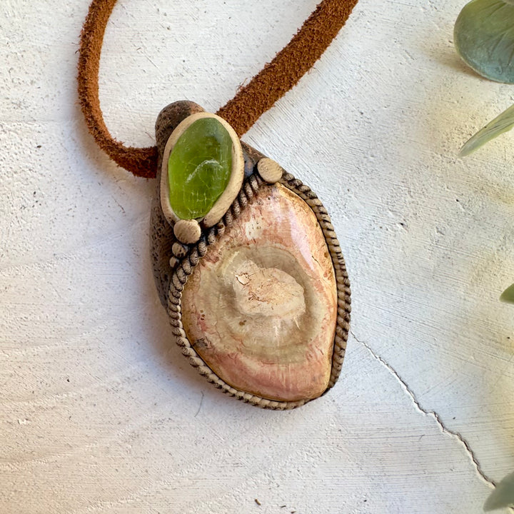 Unique handcrafted fossil wood crystal necklace