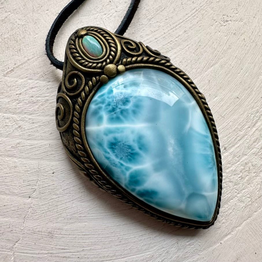 Large Larimar and Australian Opal Crystal Necklace, Unique Gemstone Pendant FairyGardenGlow