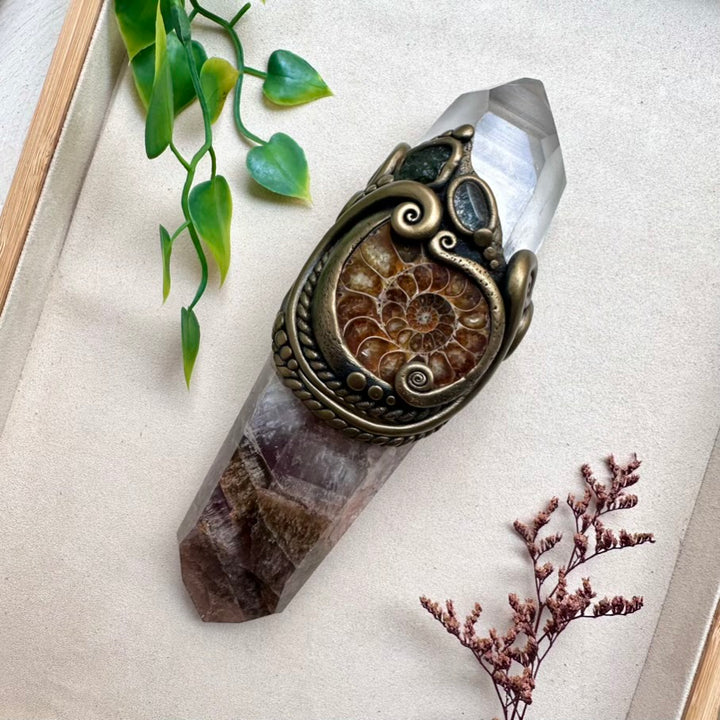 Unique handmade energy wand with Super Seven and Lemurian Quartz