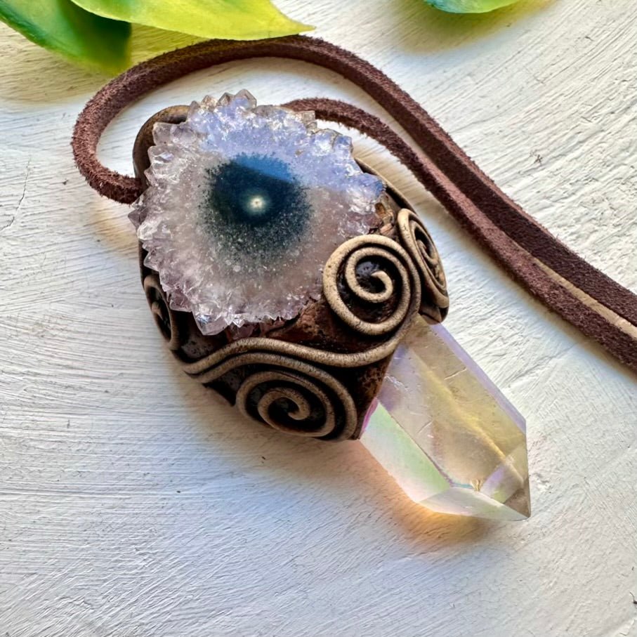 Angel Aura Quartz and Amethyst Stalactite Necklace - FairyGardenGlow