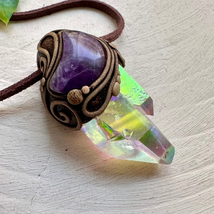 Angel Aura Quartz and Amethyst Moon Necklace, Handmade Crystal Jewelry FairyGardenGlow