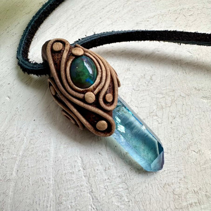 Aqua Aura Quartz and Black Ethiopian Opal Pendant Necklace - FairyGardenGlow