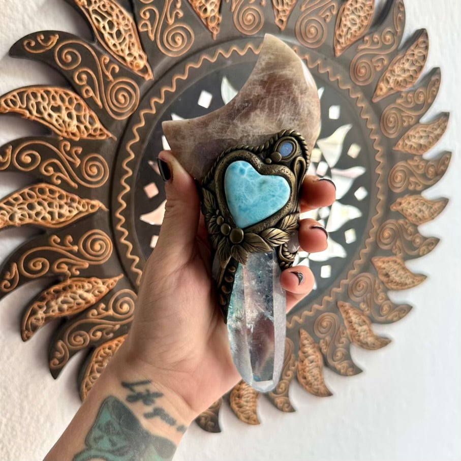 Unique handmade wand with Aqua Aura Quartz and Rose Quartz accents