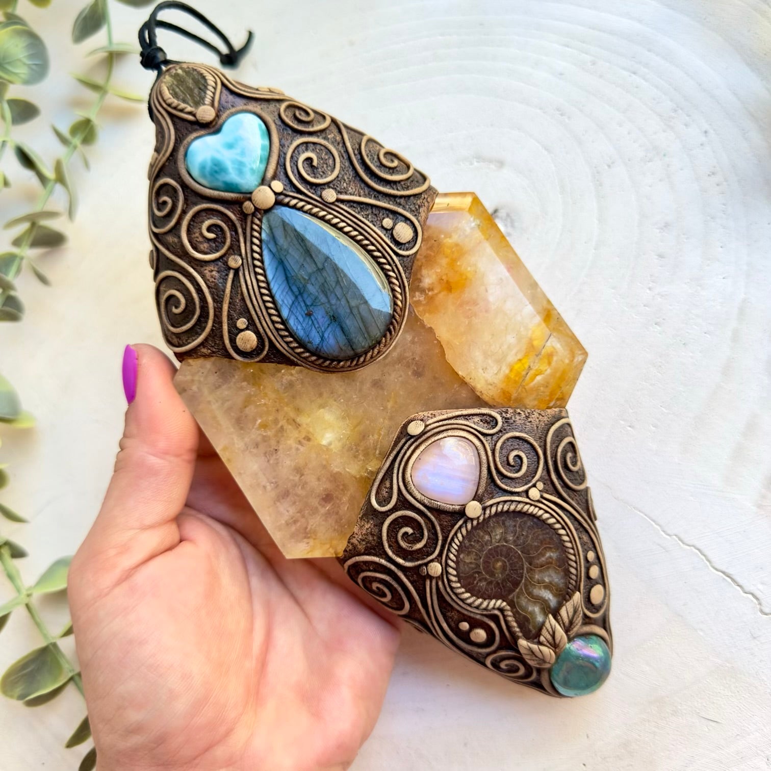 Unique healing crystal wall hanging with Moldavite and Aqua Aura Quartz