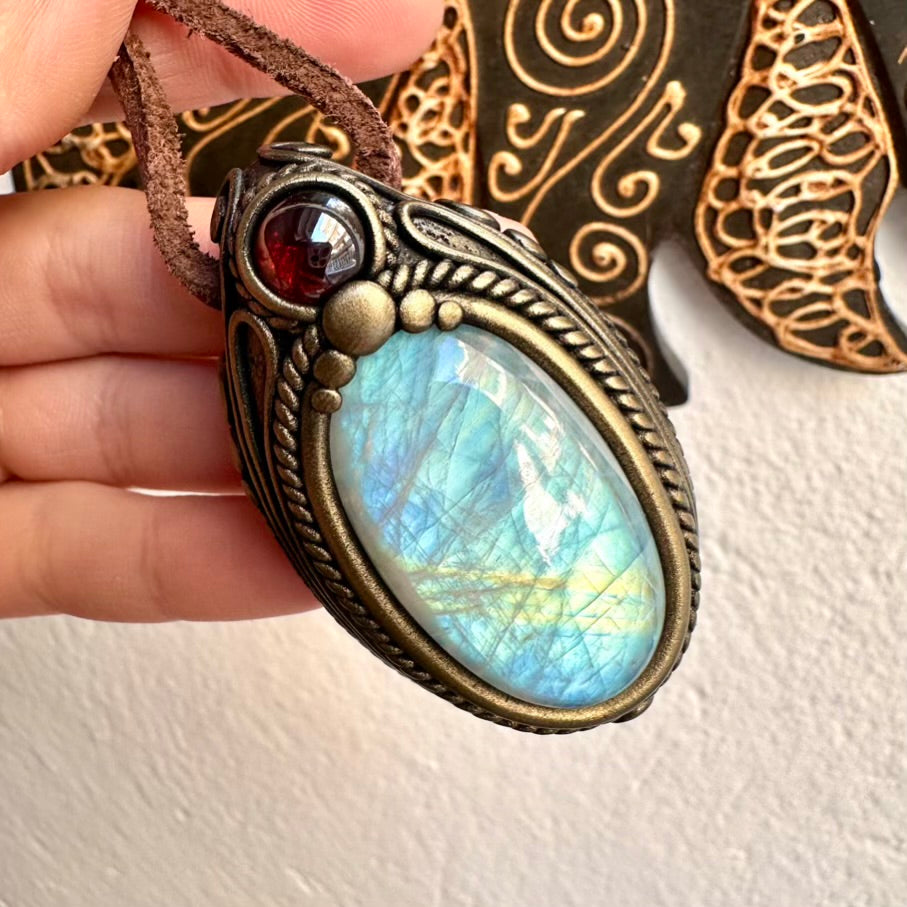 Unique healing stone spiritual necklace combining Moonstone and Garnet