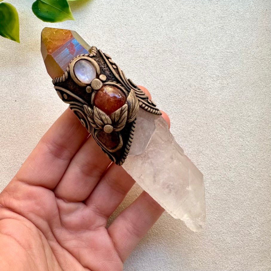 Raw Crystal Wand, Clear Quartz with Sunset Aura Quartz, Moonstone, Sunstone and Red Garnet - FairyGardenGlow