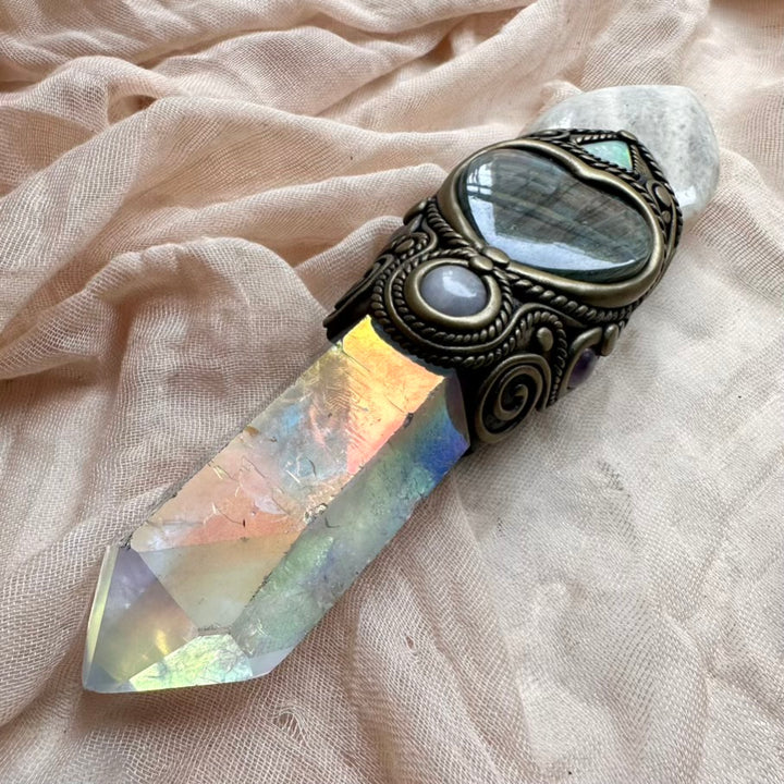 Unique raw crystal wand with Angel Aura Quartz and Moonstone flame
