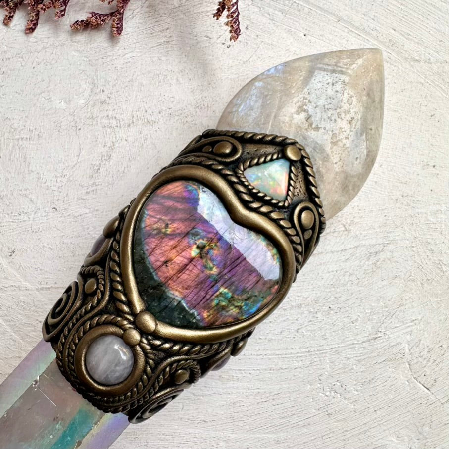 Unique raw crystal wand with Moonstone flame and Labradorite heart