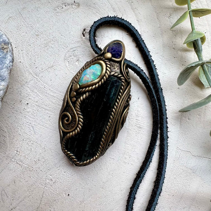 Vivianite Ethiopian opal and tanzanite healing crystal necklace