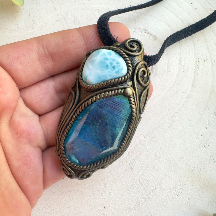 Unisex crystal pendant necklace with Larimar and Aqua Aura Quartz