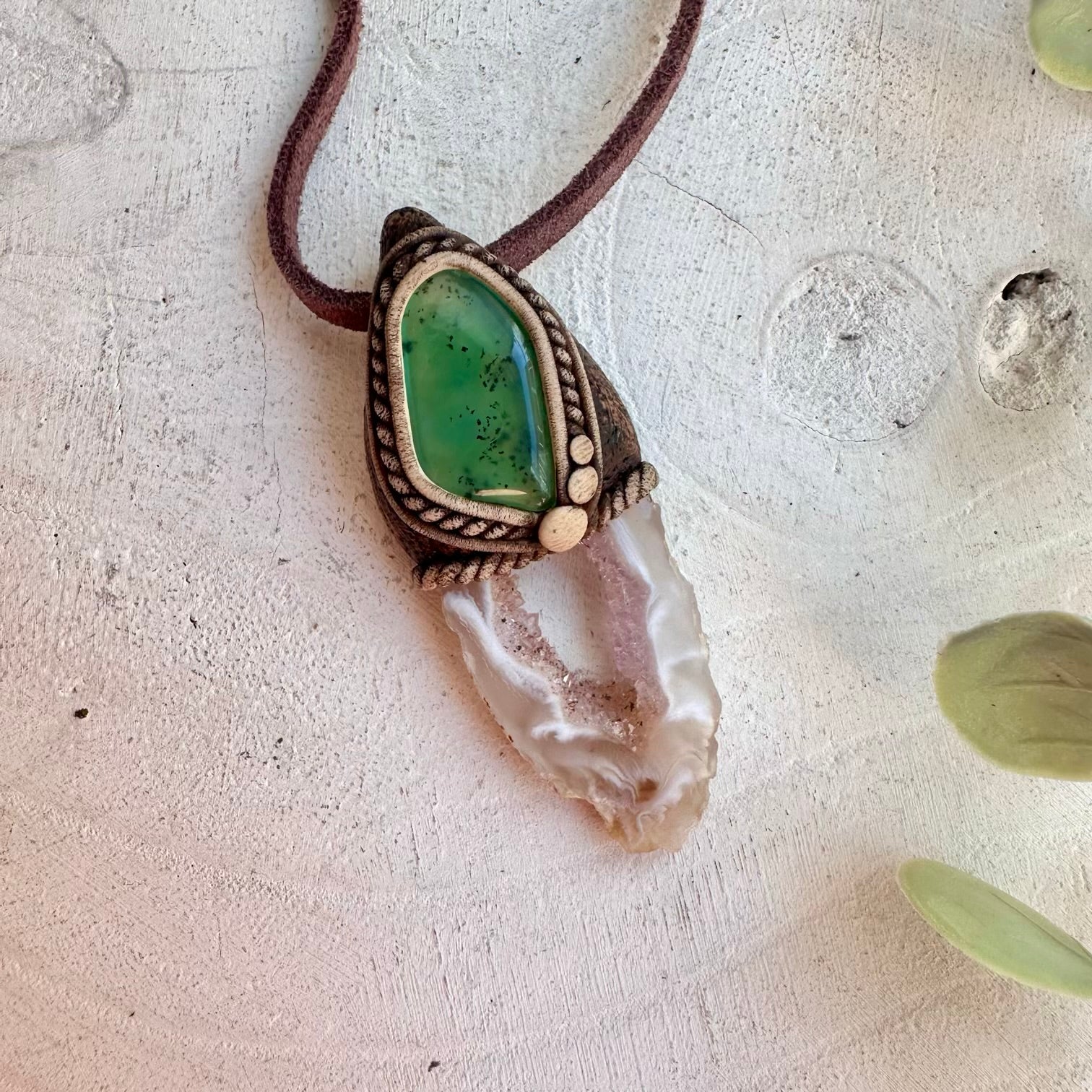Unisex gemstone jewelry featuring Agate Slice and Chrysoprase