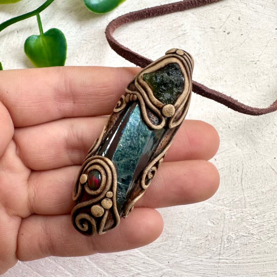 Vivianite Moldavite and Black Ethiopian Opal Pendant Necklace - FairyGardenGlow