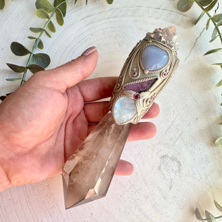 Handmade unique crystal wand featuring smoky quartz and divine feminine healing energy