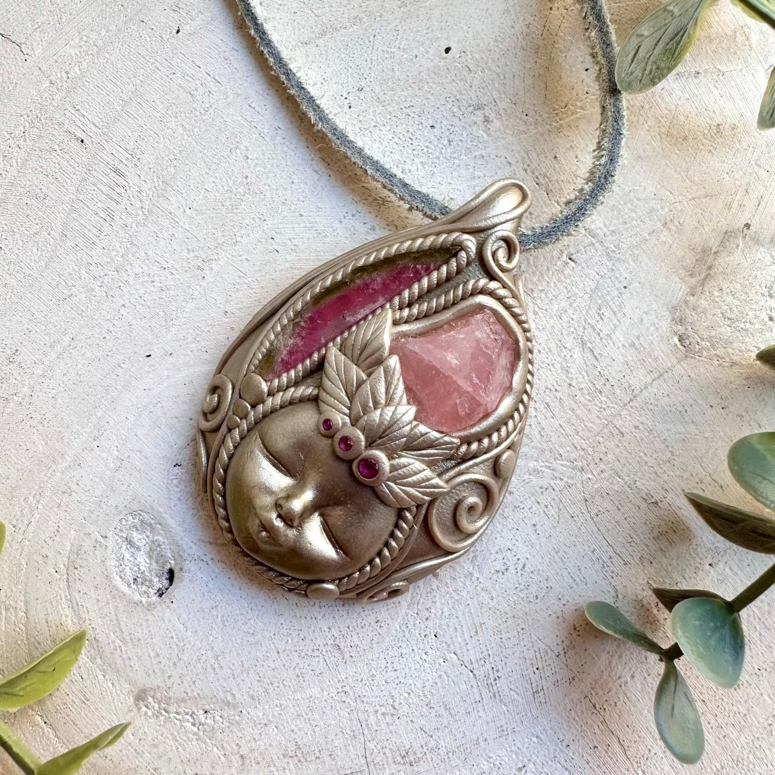 Raw Rose Quartz Goddess Necklace with Watermelon Tourmaline & Ruby – Heart Healing Crystal Jewelry