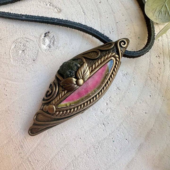 Watermelon tourmaline moldavite healing crystal necklace