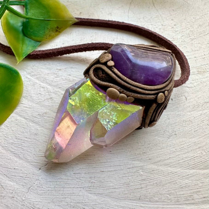 Angel Aura Quartz and Amethyst Moon Necklace, Handmade Crystal Jewelry FairyGardenGlow