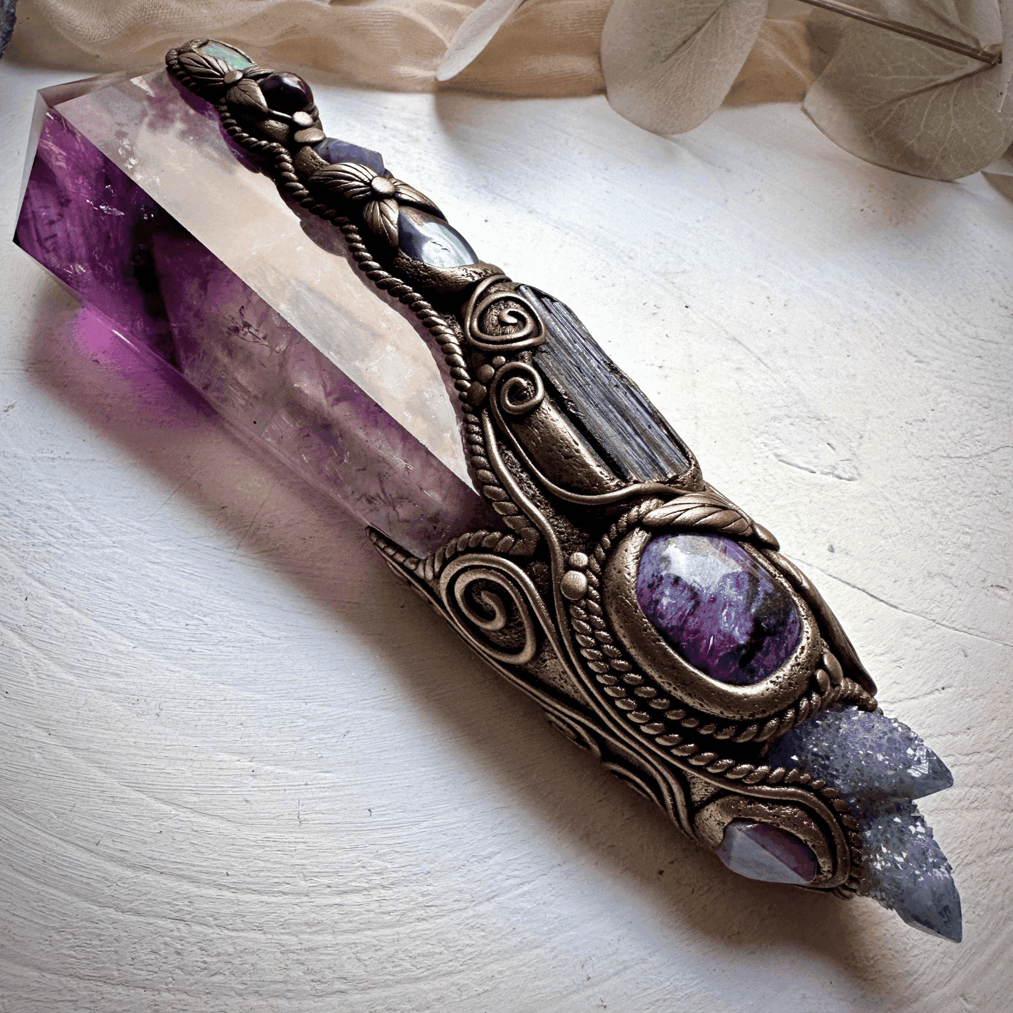 XL Amethyst Wand , Aqua Aura Spirit Quartz, Black Tourmaline, Aqua Aura Quartz, Raw Opal, Charoite, Tanzanite and Ruby Wand - FairyGardenGlow
