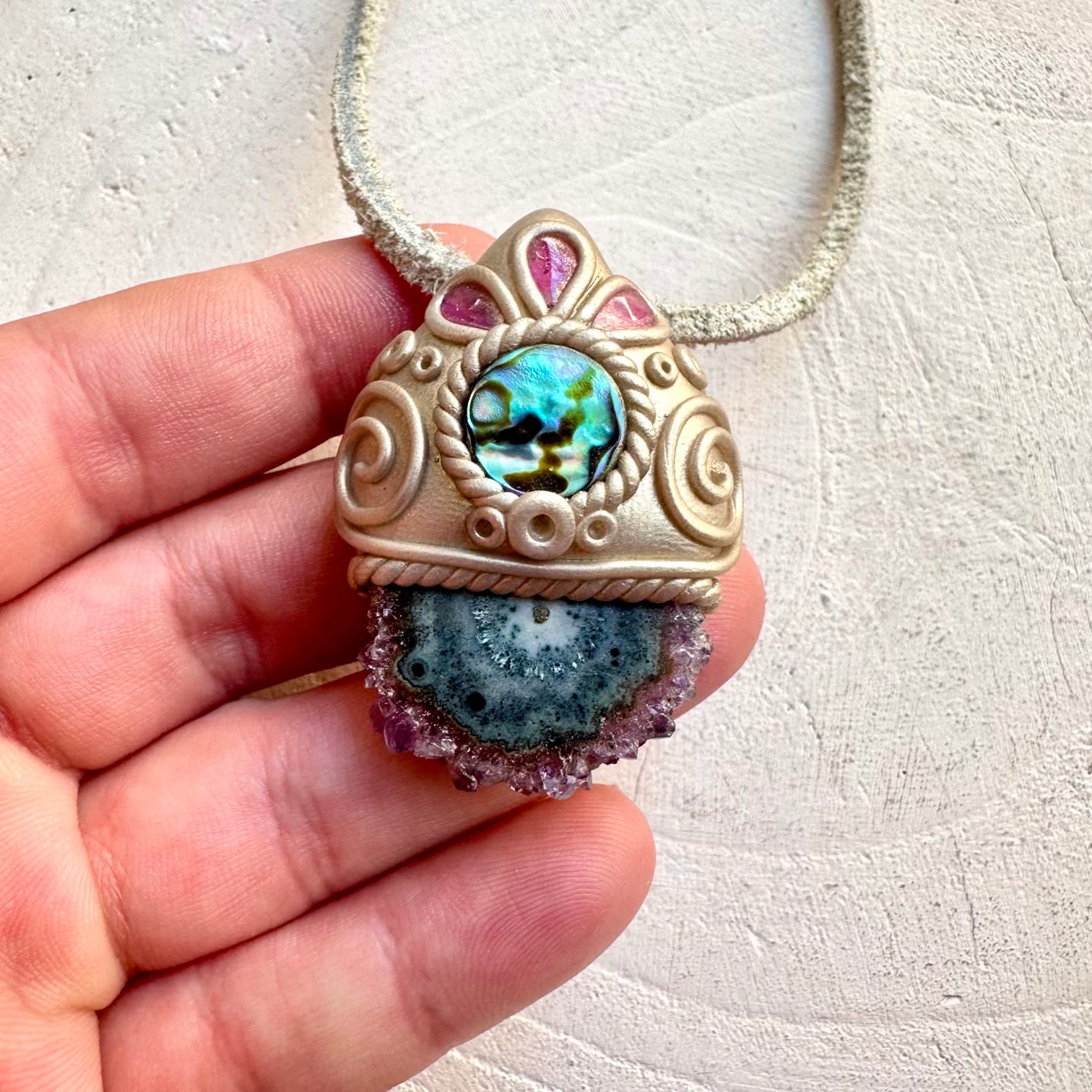 Boho jewelry protection amulet crystal necklace with natural amethyst stalactite and abalone shell