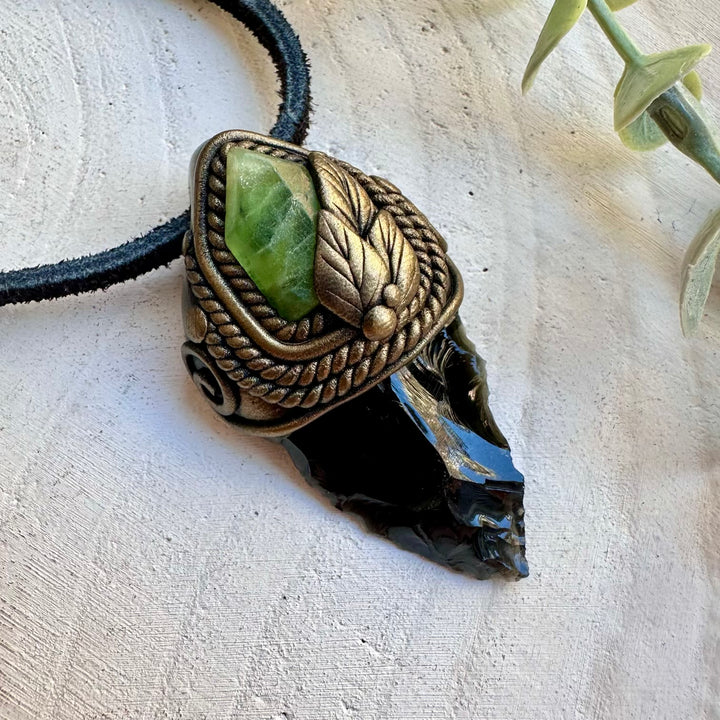 One of a kind obsidian arrowhead and peridot crystal necklace