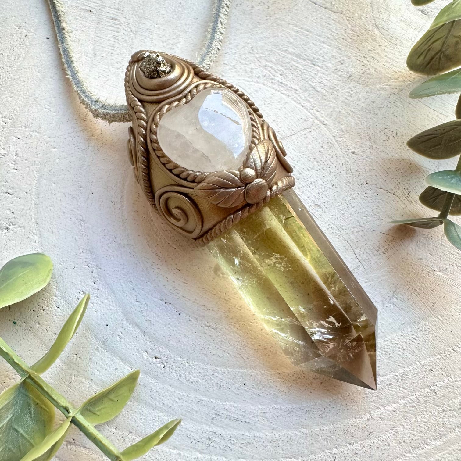Handmade crystal wand pendant necklace with manifestation stones