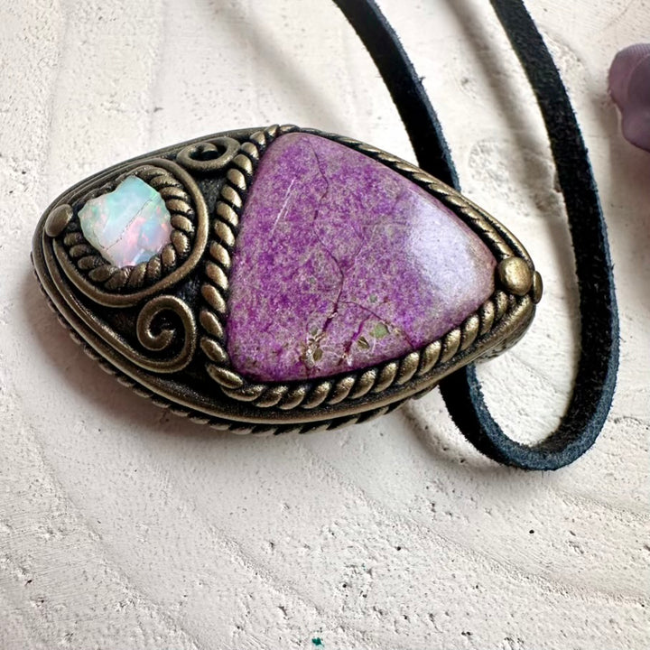 Unisex Stichtite gemstone with raw Ethiopian Opal fire flash, handcrafted metaphysical energy tool necklace.