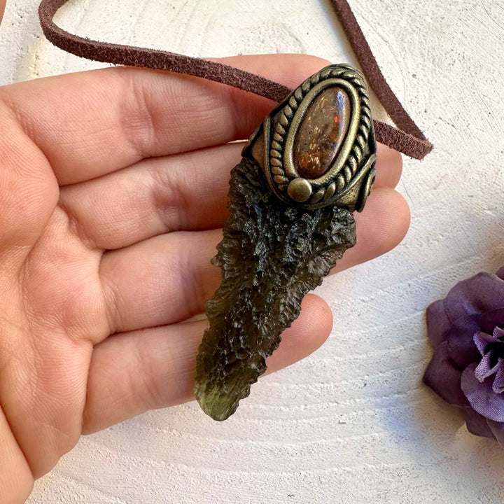 Spiritual calming and protective crystal amulet necklace featuring ethically sourced Moldavite and Australian Boulder Opal pendant.