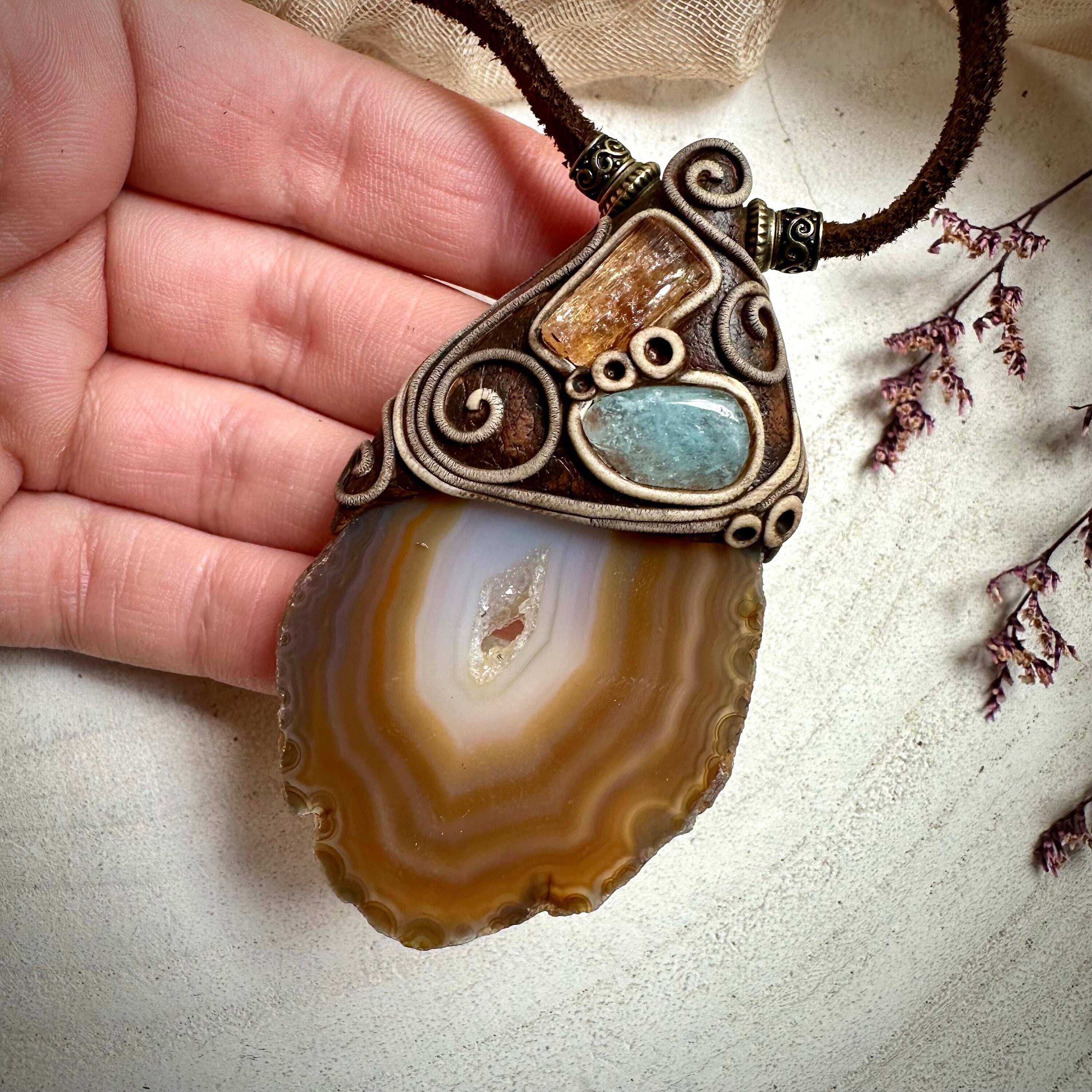 Agate Slice Aquamarine and Imperial Topaz Pendant Necklace - FairyGardenGlow