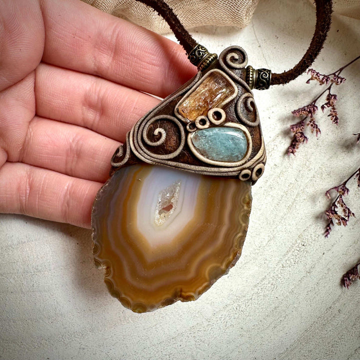 Agate Slice Aquamarine and Imperial Topaz Pendant Necklace - FairyGardenGlow