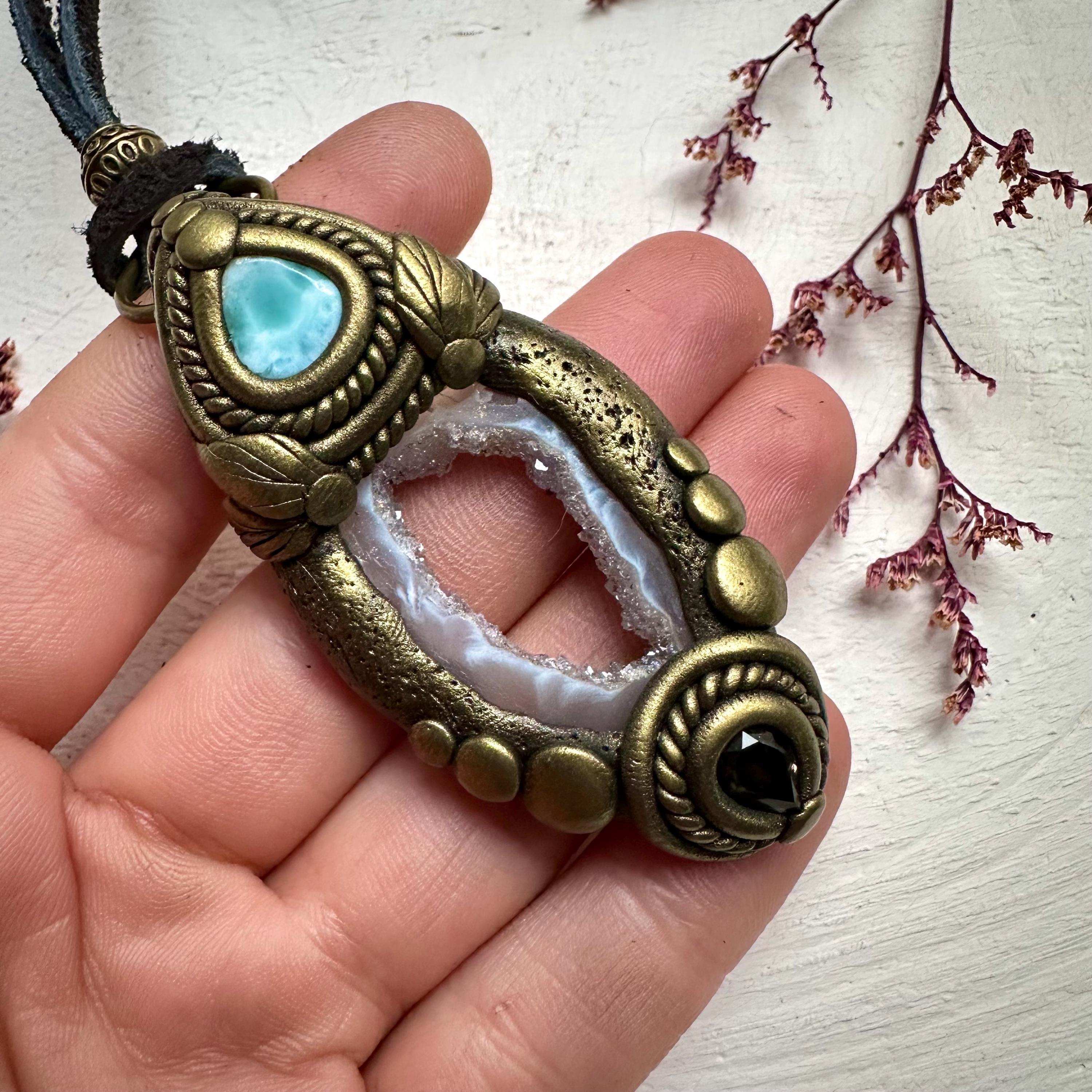 Agate Larimar and Smoky Quartz Pendant - FairyGardenGlow