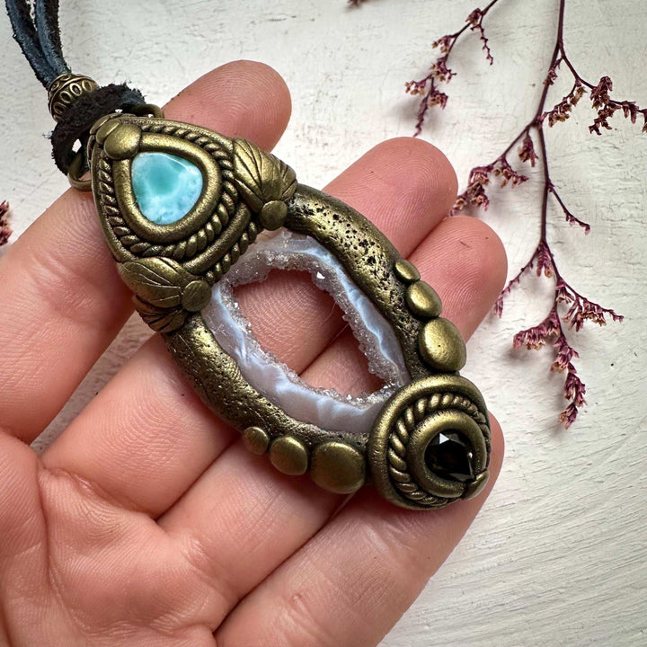Agate Larimar and Smoky Quartz Pendant - FairyGardenGlow