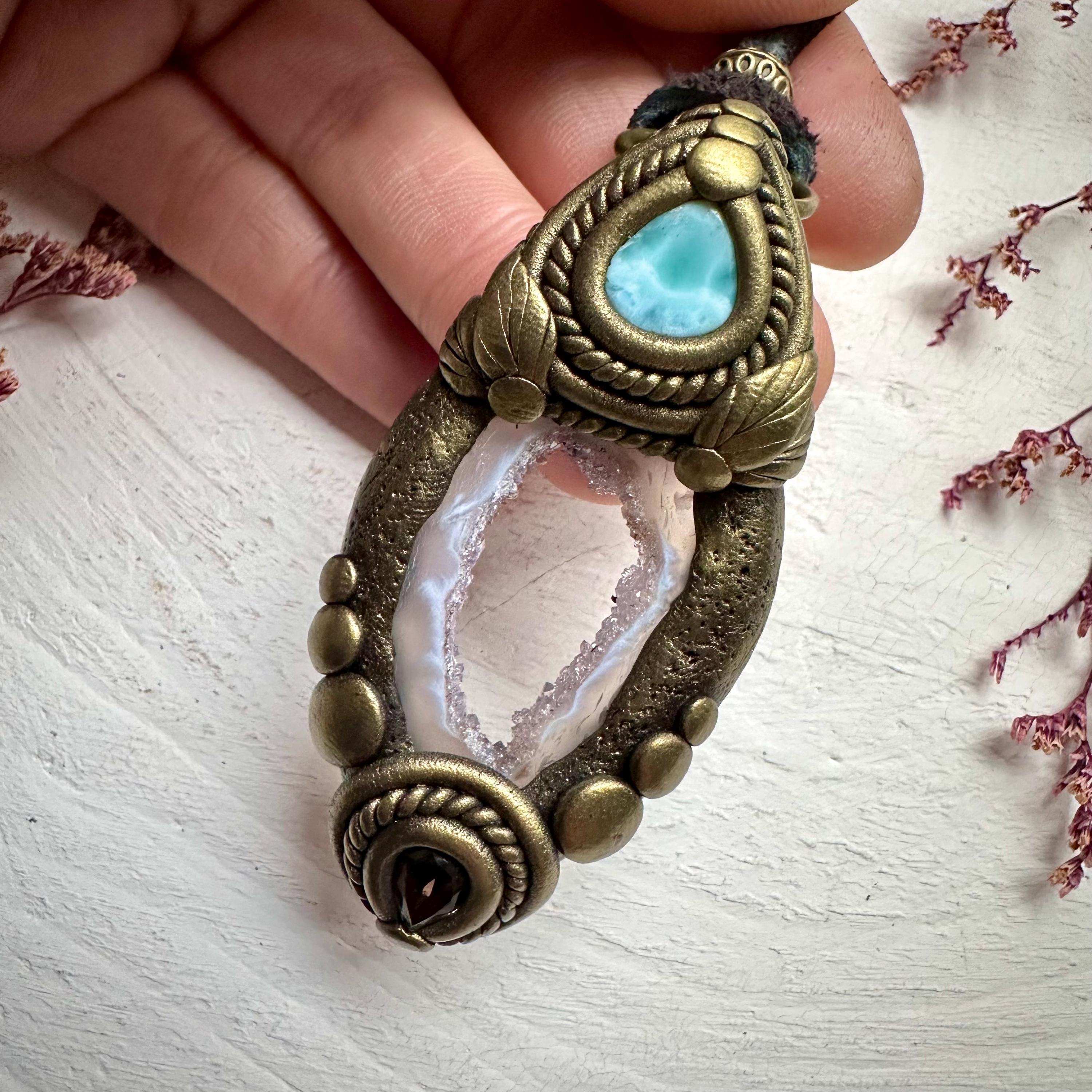 Agate Larimar and Smoky Quartz Pendant - FairyGardenGlow
