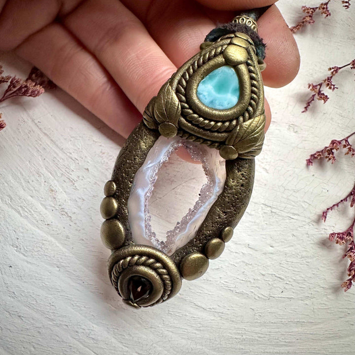 Agate Larimar and Smoky Quartz Pendant - FairyGardenGlow