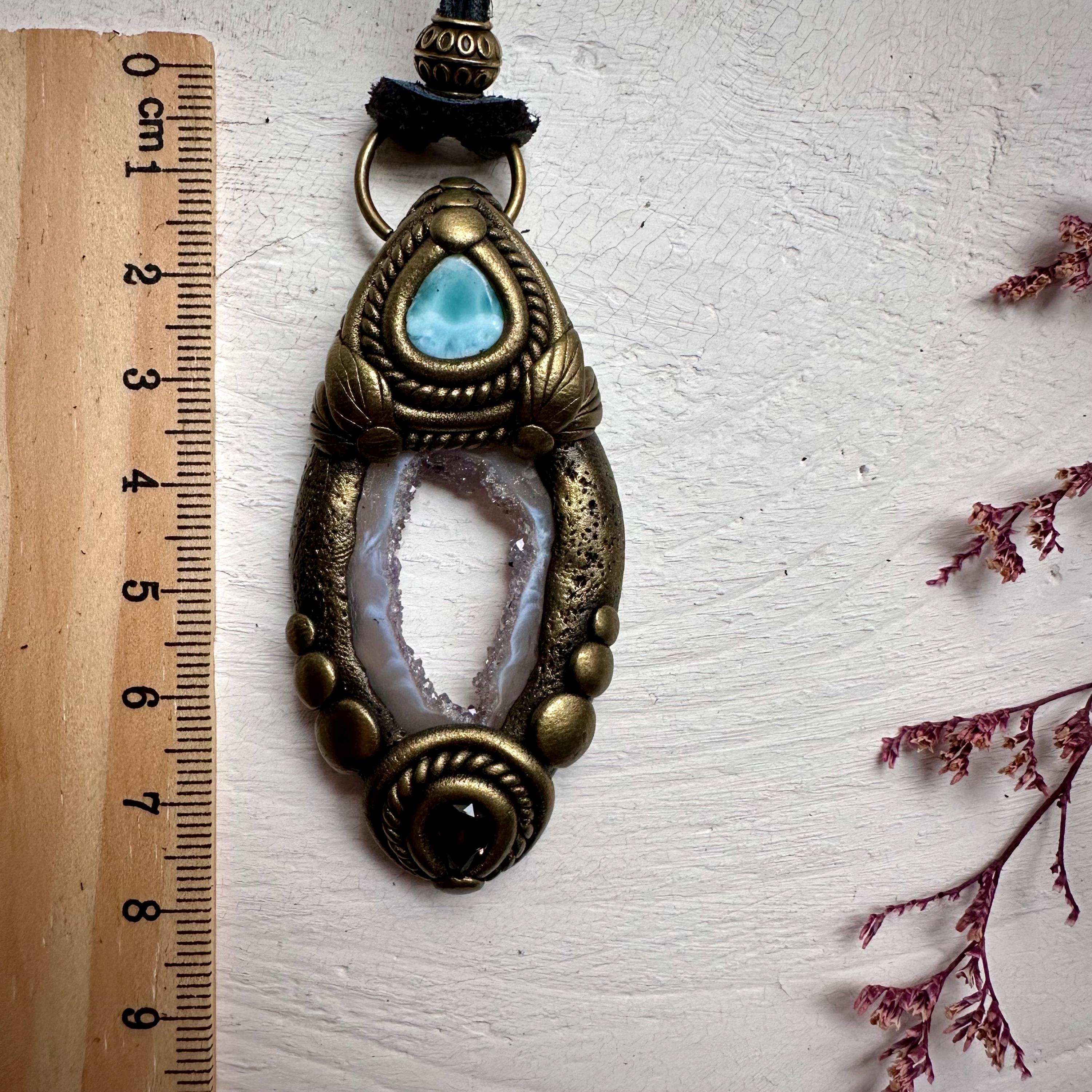 Agate Larimar and Smoky Quartz Pendant - FairyGardenGlow