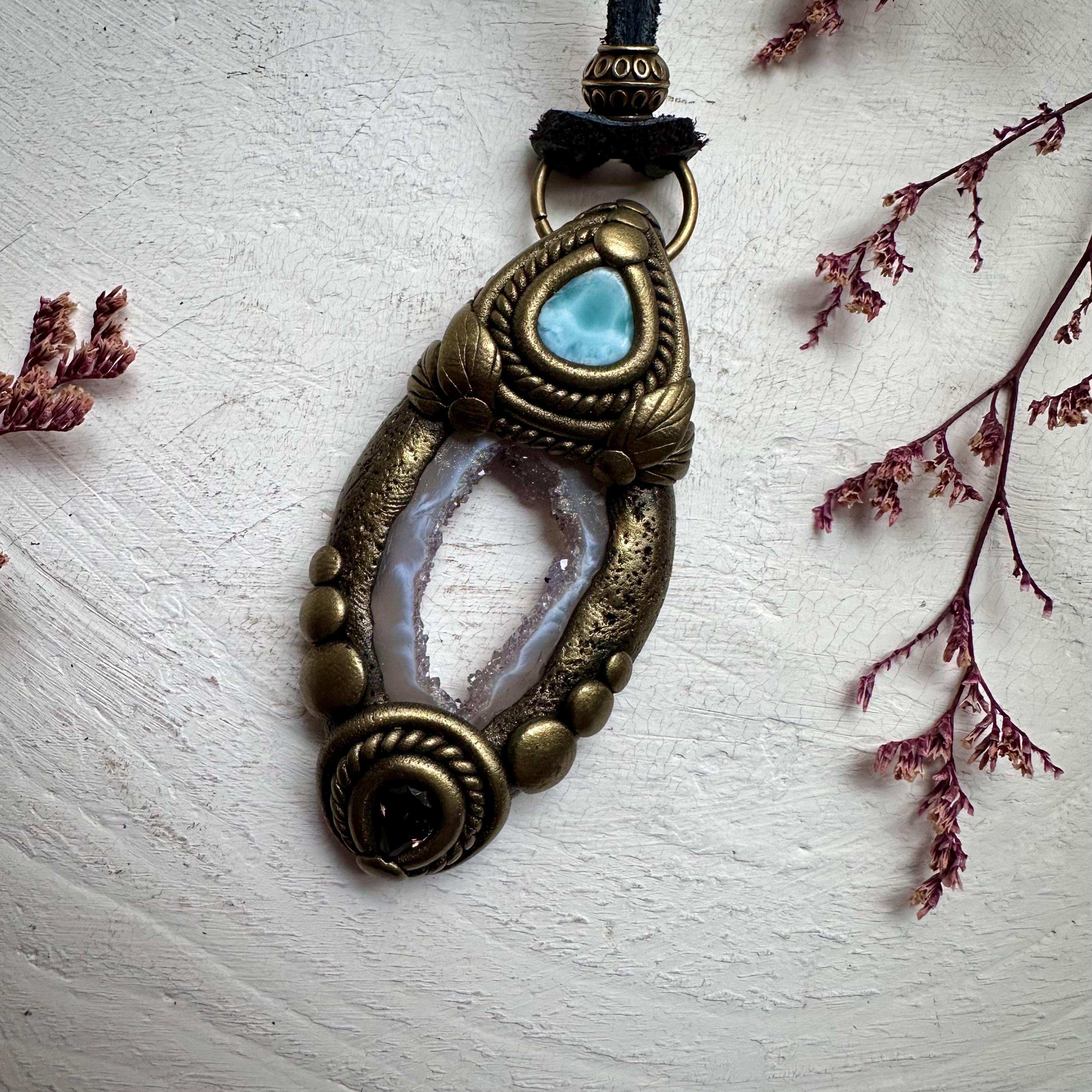 Agate Larimar and Smoky Quartz Pendant - FairyGardenGlow