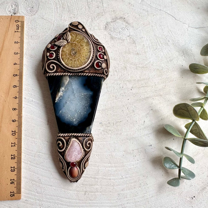 Handmade Agate crystal wand pendant with Ammonite, Raw Morganite, Ethiopian Opal and Rhodolite Garnet, traditionally associated with grounding, love and transformation.