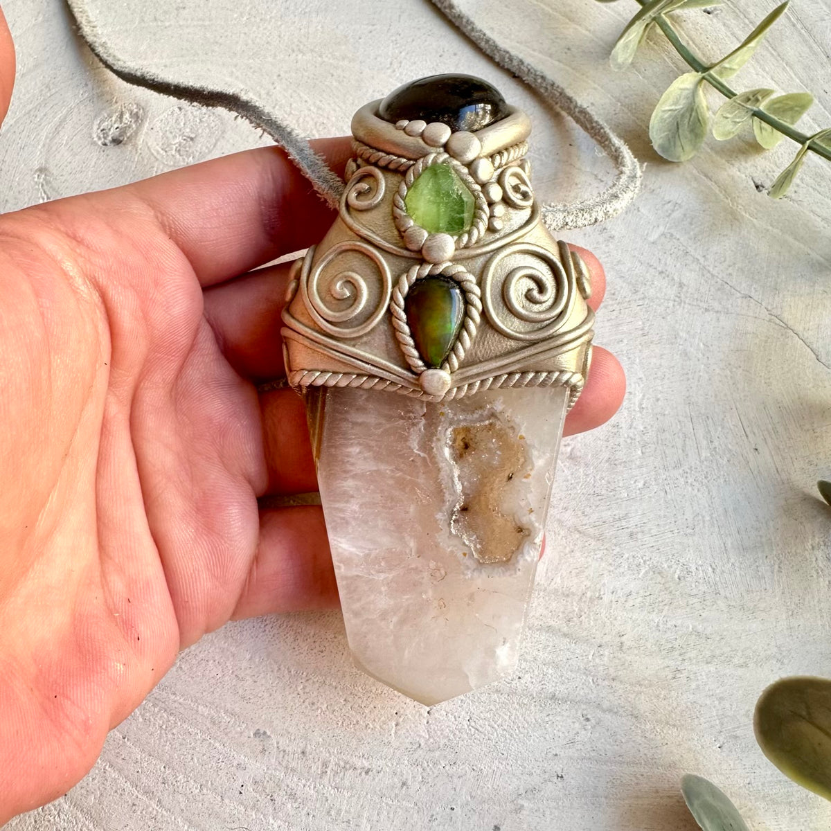 Unique Agate crystal wand featuring earthy Smoky Quartz, Raw Peridot and dark Ethiopian Opal.