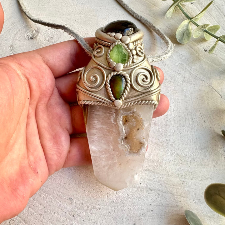 Unique Agate crystal wand featuring earthy Smoky Quartz, Raw Peridot and dark Ethiopian Opal.