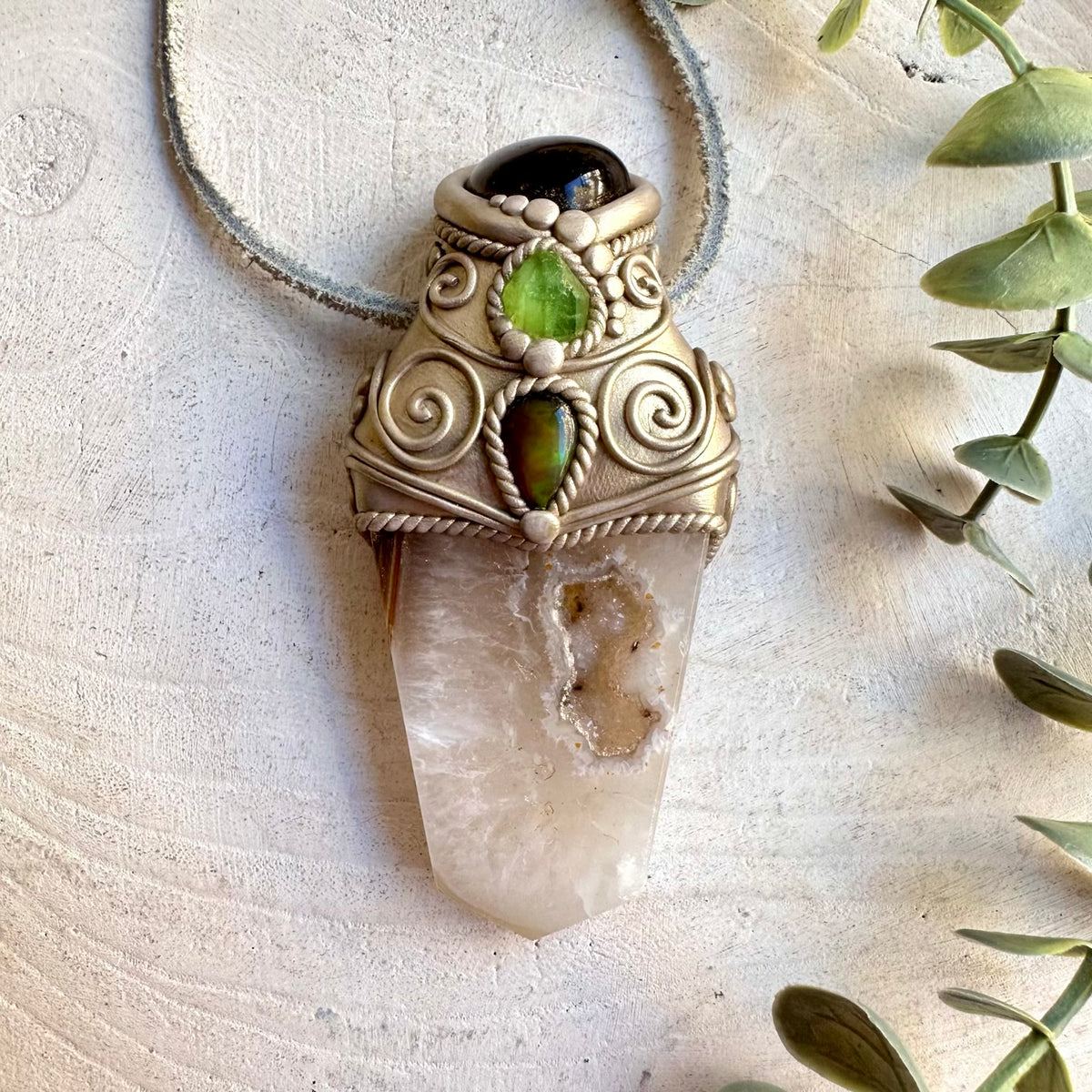 Handmade Agate Point wand featuring Smoky Quartz, Raw Peridot and Black Ethiopian Opal.