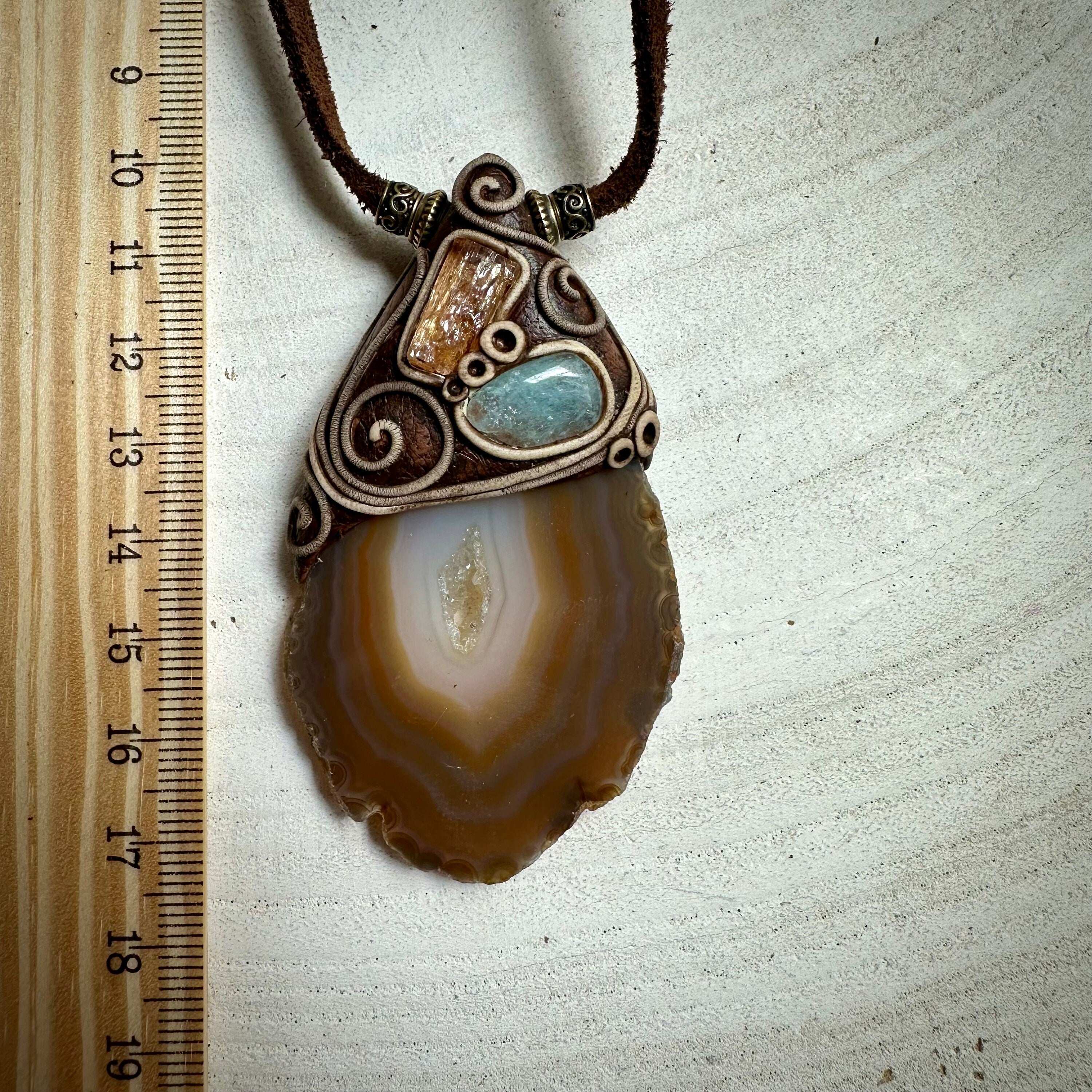Agate Slice Aquamarine and Imperial Topaz Pendant Necklace - FairyGardenGlow