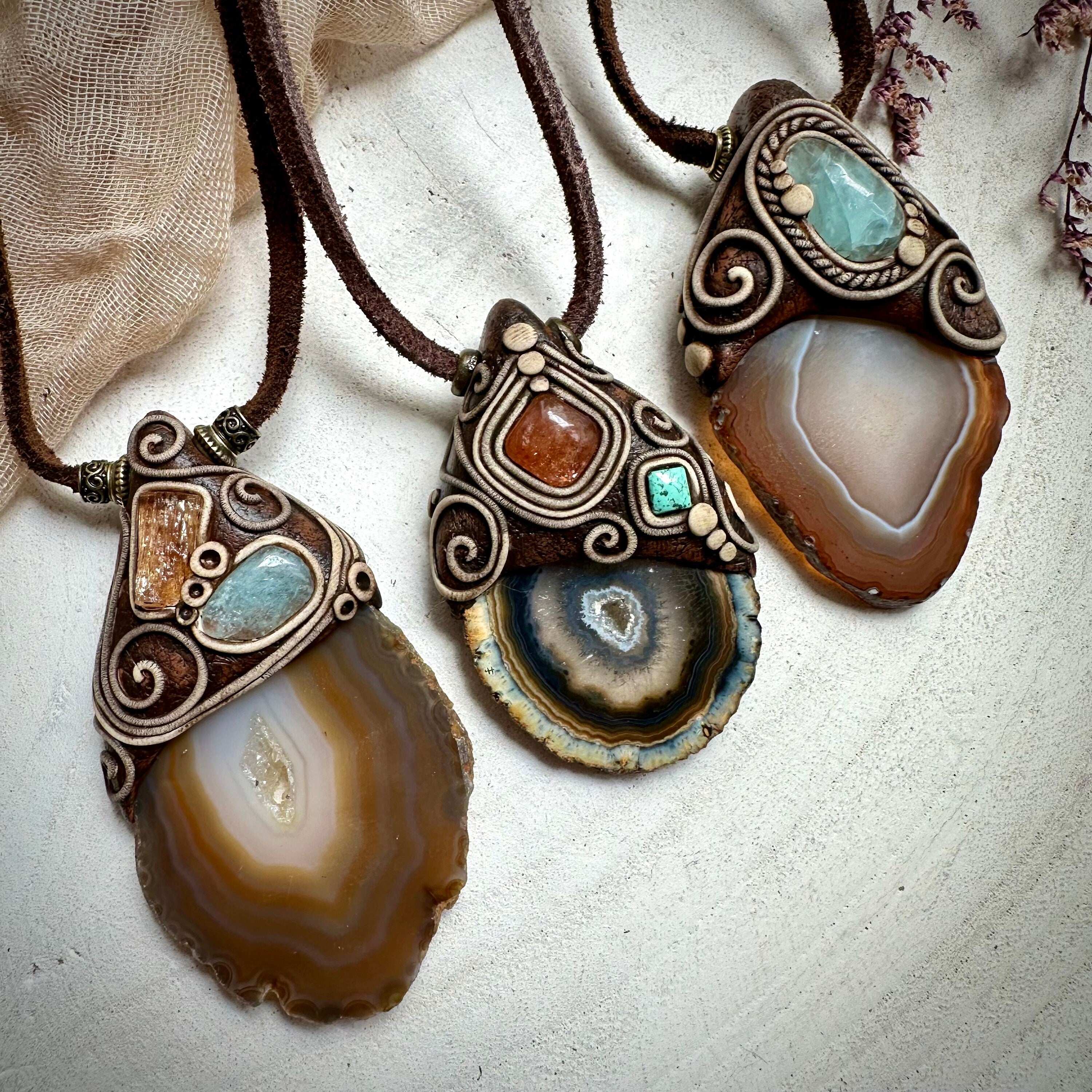 Agate Slice Aquamarine and Imperial Topaz Pendant Necklace - FairyGardenGlow
