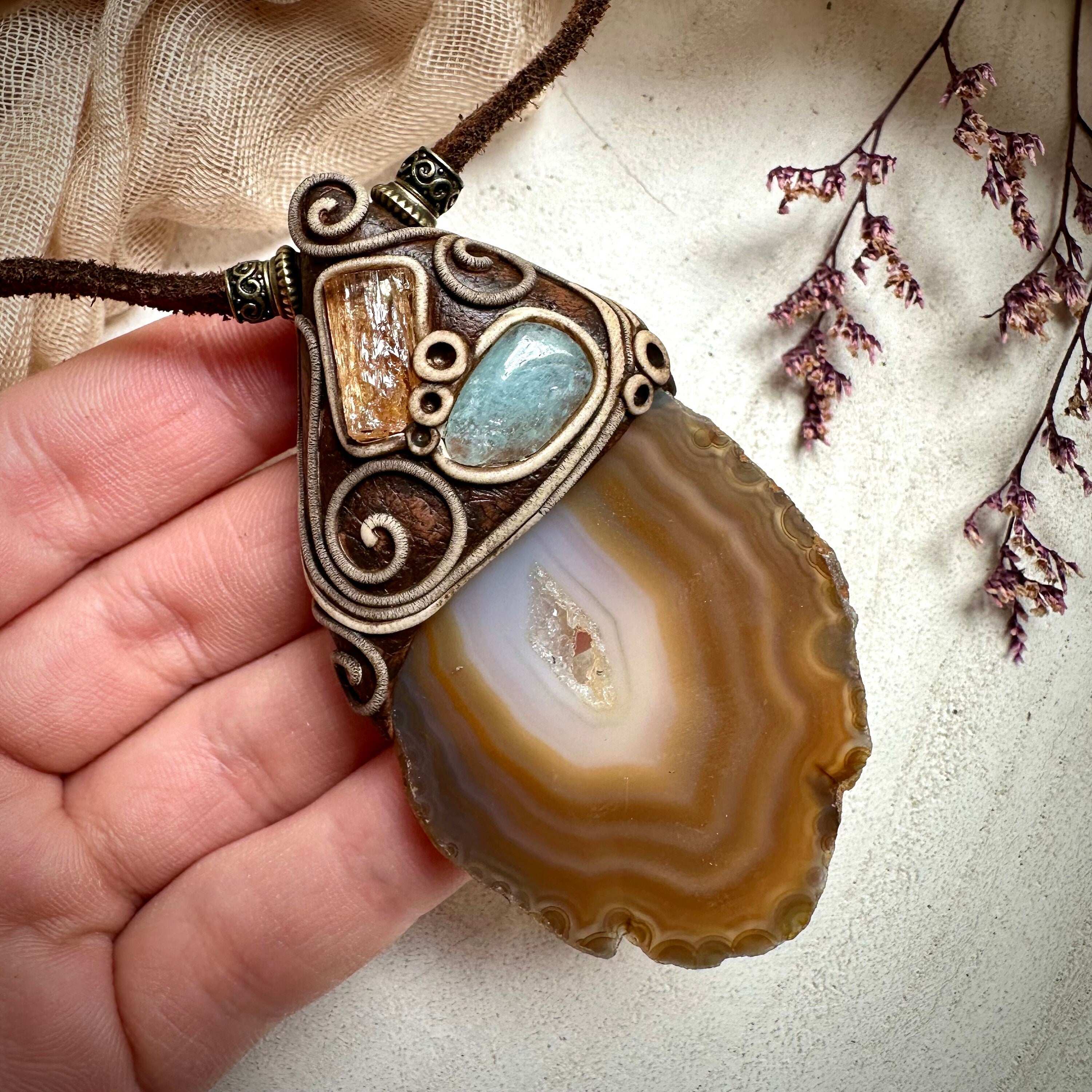 Agate Slice Aquamarine and Imperial Topaz Pendant Necklace - FairyGardenGlow