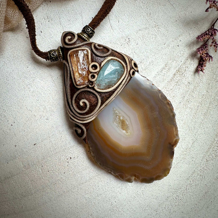 Agate Slice Aquamarine and Imperial Topaz Pendant Necklace - FairyGardenGlow