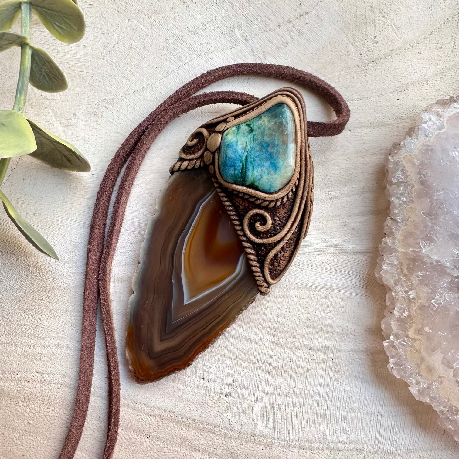 Artisan made agate slice and chrysocolla necklace