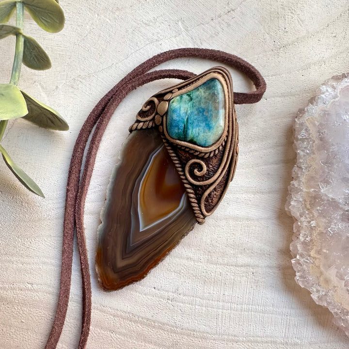 Artisan made agate slice and chrysocolla necklace