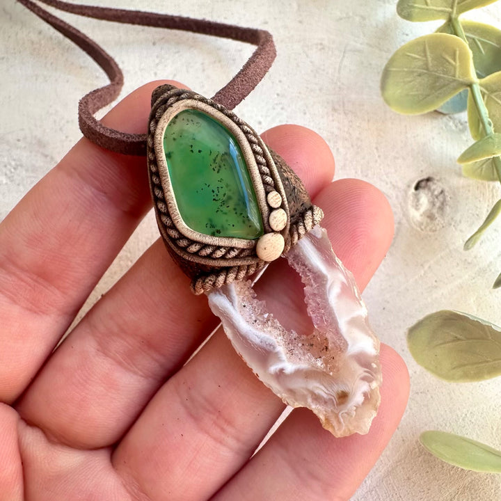 Agate Slice and Chrysoprase pendant necklace handmade with natural gemstones