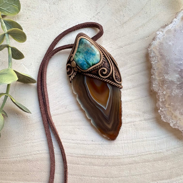 Spiritual crystal jewelry combining agate slice and chrysocolla
