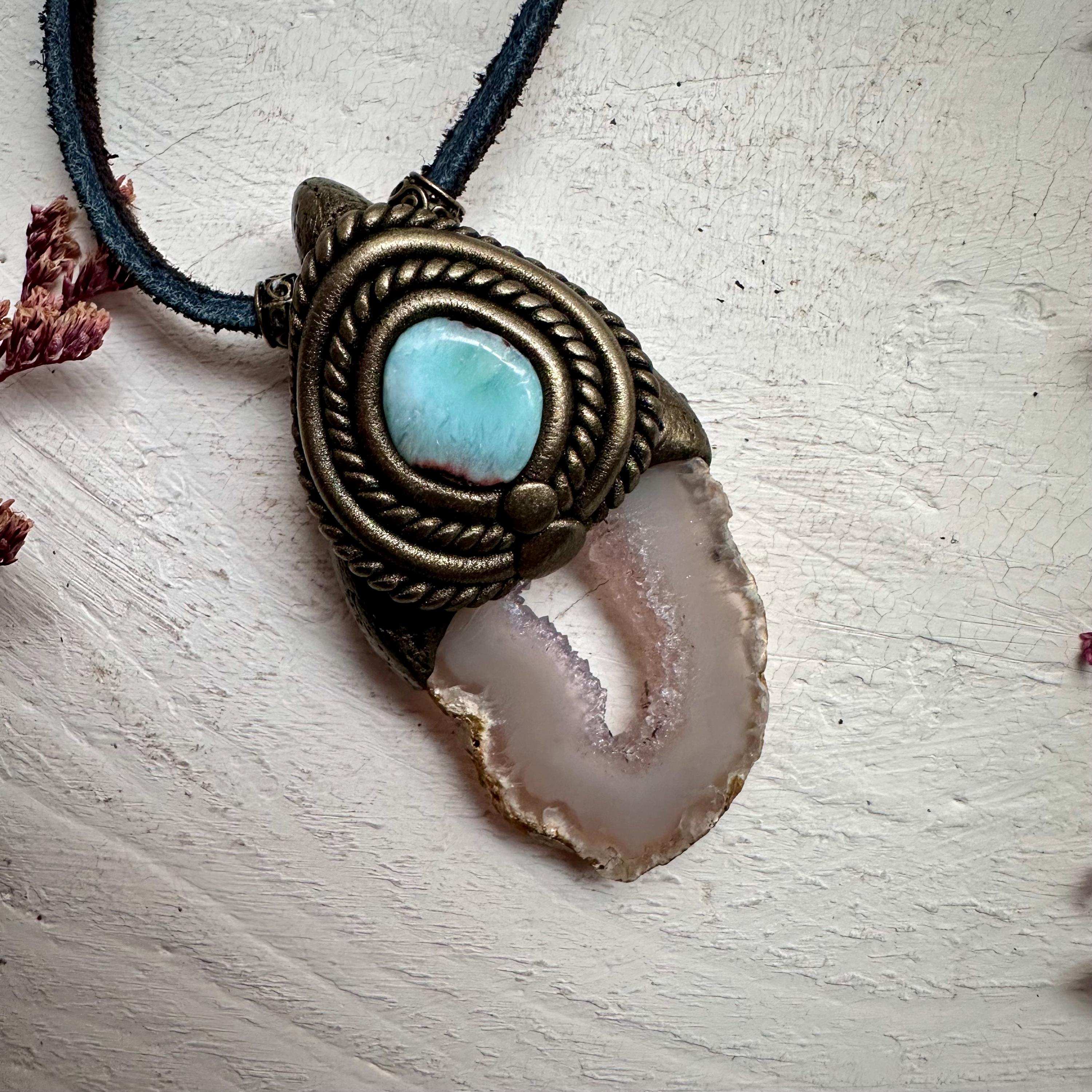 Agate Slice and Larimar Pendant Necklace - FairyGardenGlow
